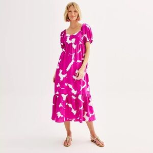 Nine West Babydoll Maxi Dress (Sz XL) Pink Brush Abstract Purple